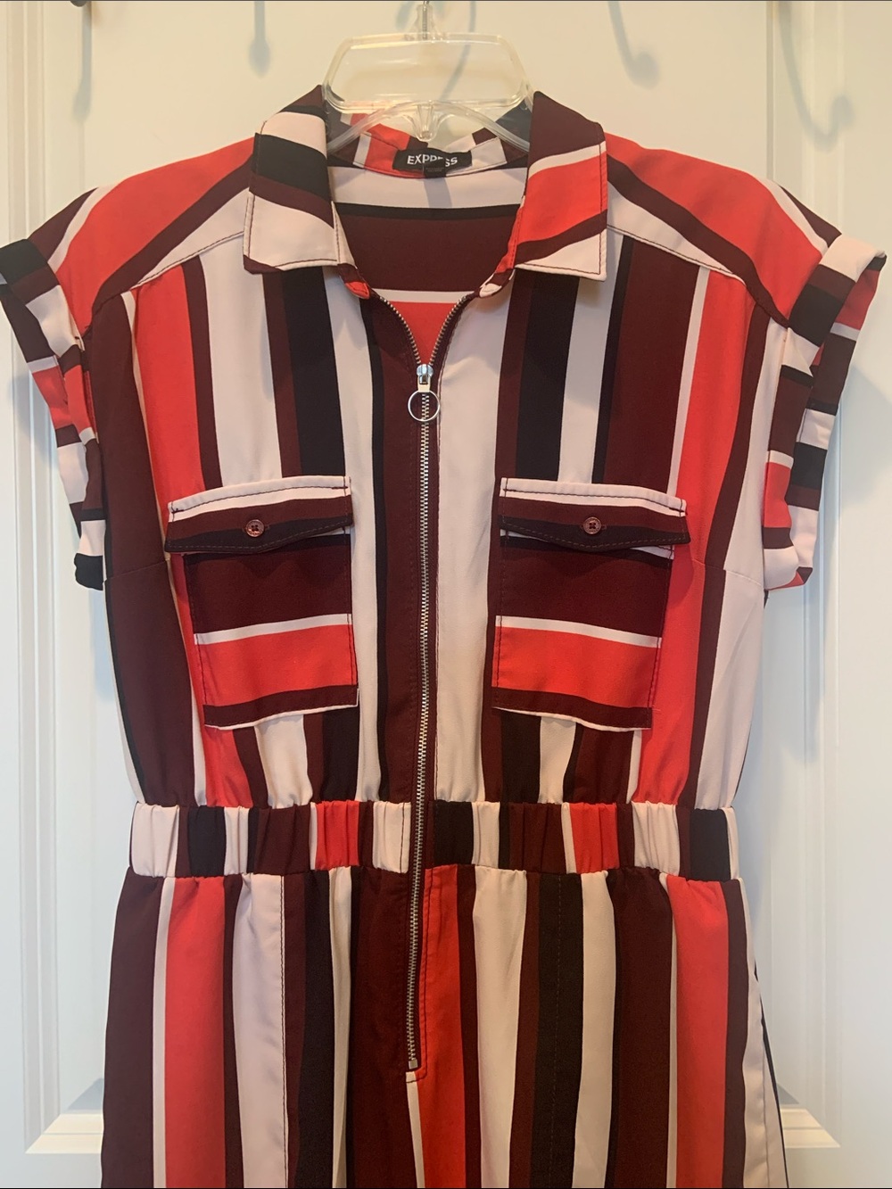 Express Red, Maroon & White Striped Zip-Front Dress